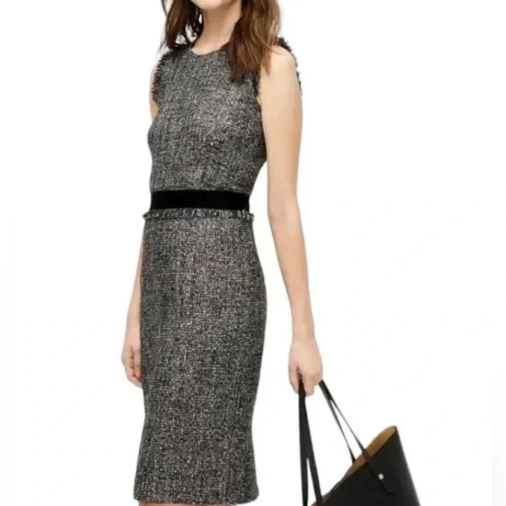 J.Crew Black/White Tweed Sheath Dress w/velvet belt,fringe detail sequins Size 4